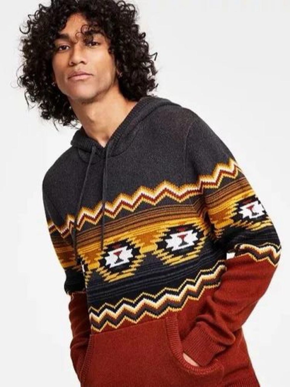 Sun + Stone Men's Crewneck Hoodie Sweater in Charcoal, Mustard & Rust Small